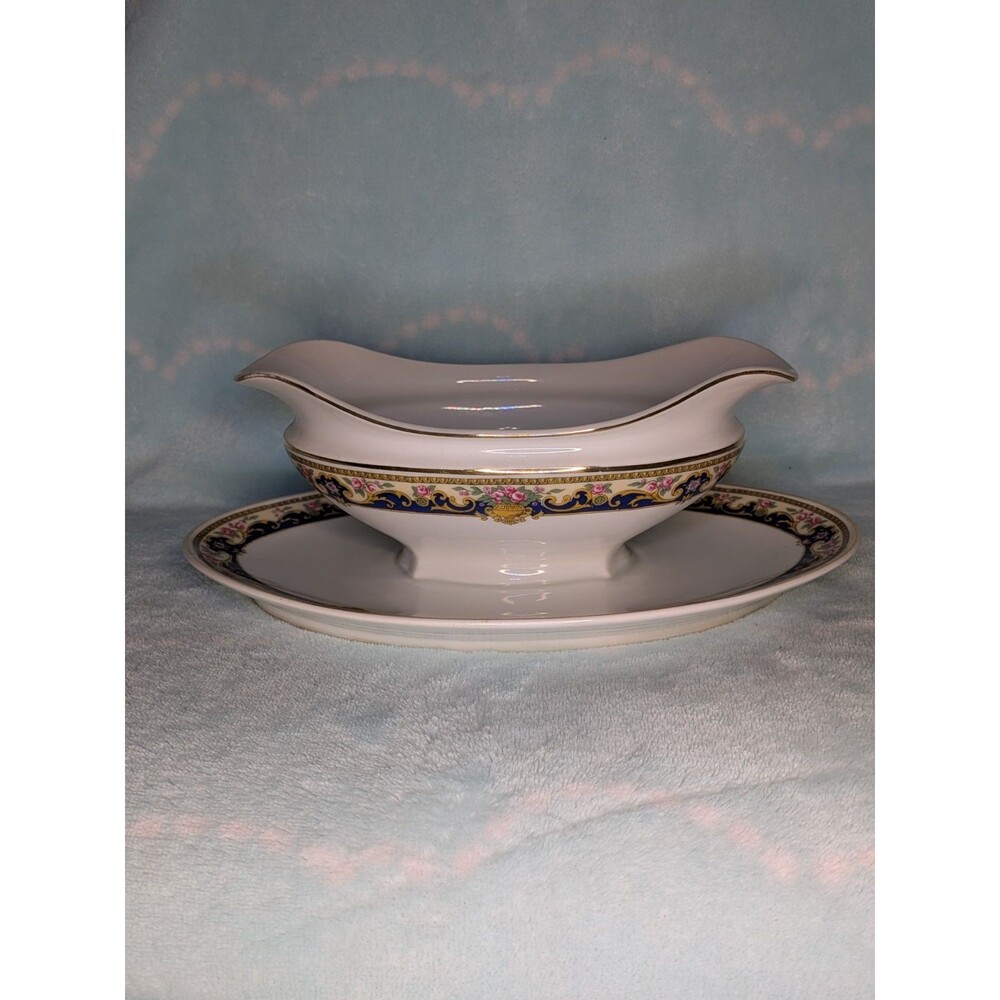 Antique Limoges T&V La Cloche Gravy Boat and Underplate Floral Cobalt Gold Trim